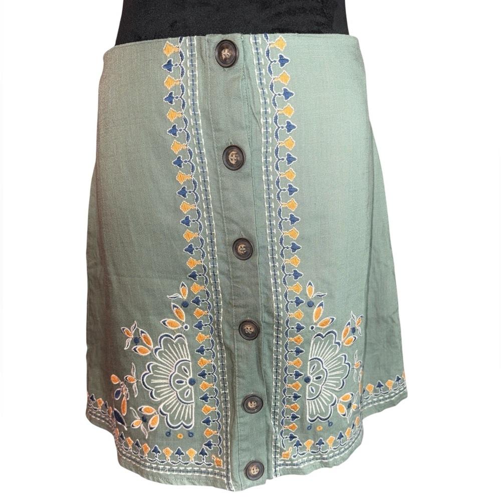 Blue Rain Deep Moss Embroidered Button Front Skirt, Size Large, NWT